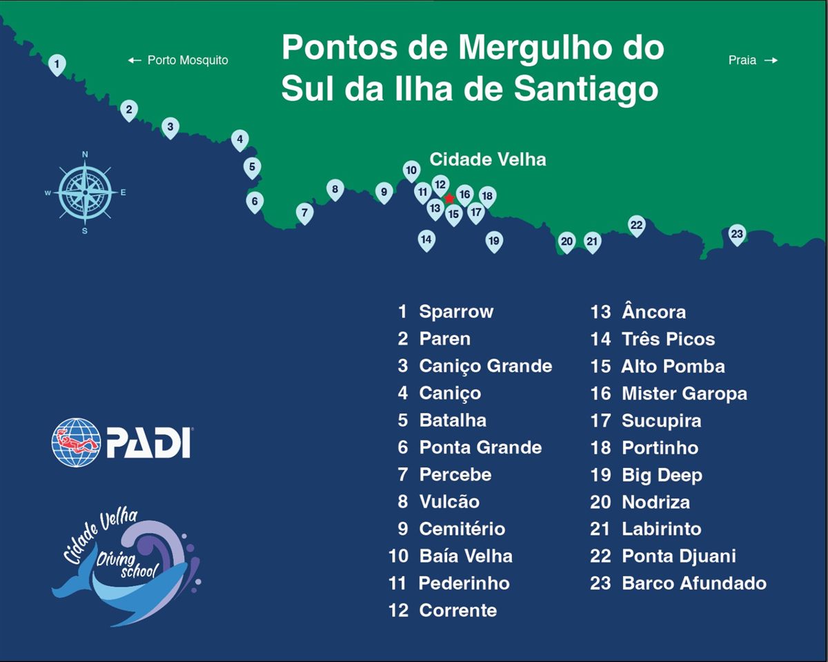 Map of dive sites on the south coast of Santiago Island, Cape Verde
